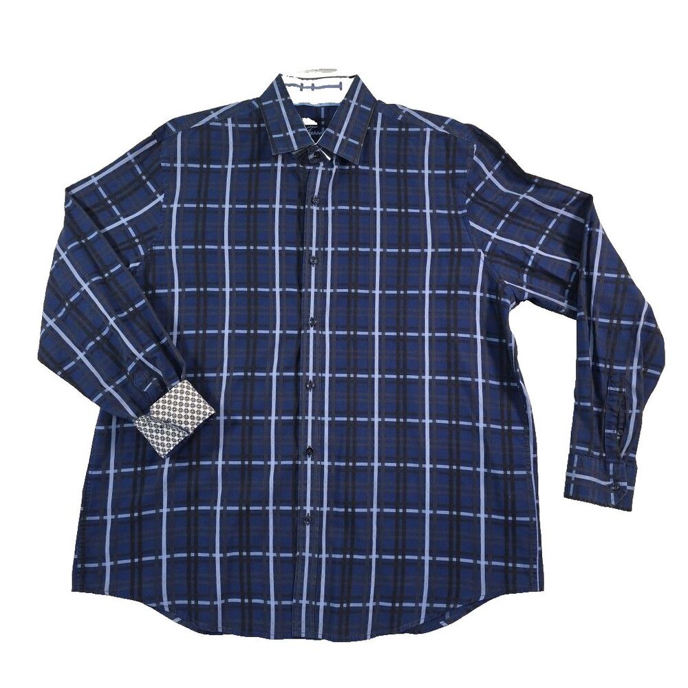Tasso Elba Men's Shirt 100% Cotton XL 17-17.5 Long Sleeve Plaid Flip Cuff NWOT